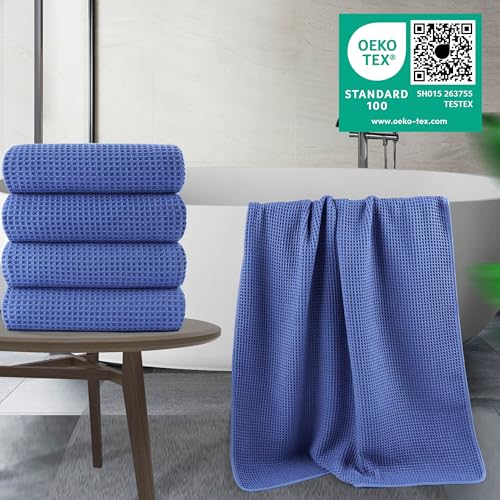 POLYTE 430 GSM Poly Blend Microfiber Quick Dry Waffle Bath Towel, 30x60 in | 4 Pack, Oversize, Lint Free, Body Towel - color: Royal Blue