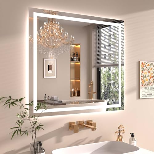Snowdool 40 x 36 in LED Bathroom Mirror, Front and Backlit, Anti-Fog | Front and Backlit, 3 Color Temperatures, Anti-Fog, Tempered Glass - size: 36"L x 40"W