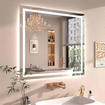 Snowdool 40 x 36 in LED Bathroom Mirror, Front and Backlit, Anti-Fog | Front and Backlit, 3 Color Temperatures, Anti-Fog, Tempered Glass - size: 36"L x 40"W