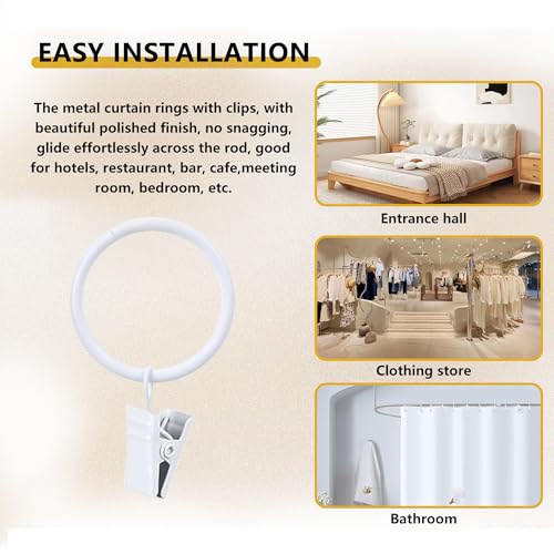Curtain Rings with Hooks 14 Pack - Rustproof Metal Drapery Clips for Window, Shower, Door, 1.5" Inner Diameter, Smooth Gliding, Fits 5/8" to 3/4" Rods, White - color: White