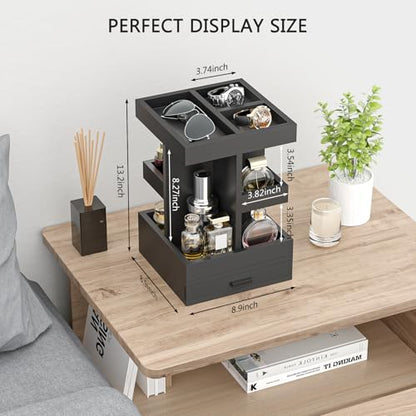 Rotating Cologne Organizer for Men, 3 Tier Wooden Stand with Drawer | 360 Spinning Perfume Holder, Large Capacity Modern Men's Vanity Tray & Dresser Organizer, Sleek Matte Black Wood Construction