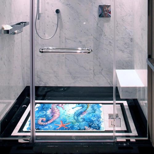 Non Slip Bath Mat for Tub, 15.1 x 26.8 Inch Bathtub Mat Machine Washable Shower Mat with Drain Holes and Suction Cups, Watercolor Splash Cute Seahorse Sea Shells - color: Multi 09