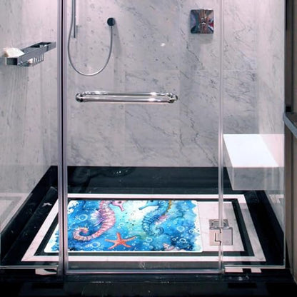 Non Slip Bath Mat for Tub, 15.1 x 26.8 Inch Bathtub Mat Machine Washable Shower Mat with Drain Holes and Suction Cups, Watercolor Splash Cute Seahorse Sea Shells - color: Multi 09