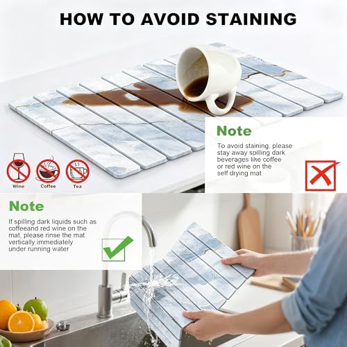 Stone Drying Mat for Kitchen Counter, Quick Diatomaceous Earth Mats for Dishes, 24"L x 16" W Super Absorbent Fast-Drying Collapsible Countertop Stone Mat (Marble White-09, 24" x 16") - color: Marble White-09