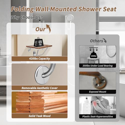𝙐𝙥𝙜𝙧𝙖𝙙𝙚 15 Inch Folding Shower Seat Wall Mounted, Teak Wood Shower Seat with Stainless Steel Bracket & Finish Cap, 420lb Capacity, for Elderly, Disabled, Pregnant Women, Kids