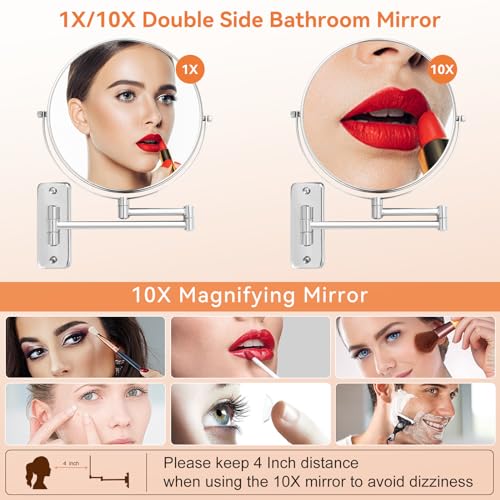 8 inch Wall Mounted Makeup Mirror, 1X/10X Magnifying Double-Sided Wall Mount Shaving Mirror (Close-Up 10X) with Extendable Arm, 360° Swivel for Bathroom Vanity, Chrome (No Light) - color: Chrome