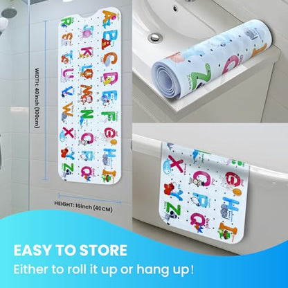 Baby Bath Tub Mat, Extra Large Non Slip Kids Cartoon Bathtub Shower Mats with Suction Cups & Drain Holes, Machine Washable for Bathroom, 40 x 16 Inch, Alphabet Animals Pattern - color: Alphabet Animals