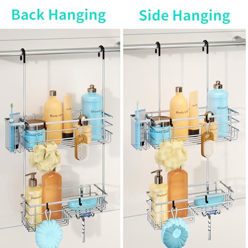 HapiRm Hanging Shower Caddy Organizer - No Drilling Shower Shelves with Hooks and Toothbrush Holder, Rustproof 304 Stainless Steel Bathroom Organizer - Silver - color: Silver
