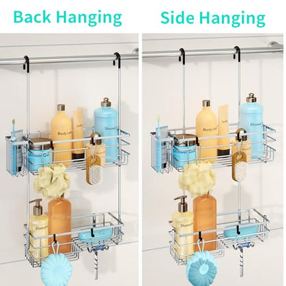 HapiRm Hanging Shower Caddy Organizer - No Drilling Shower Shelves with Hooks and Toothbrush Holder, Rustproof 304 Stainless Steel Bathroom Organizer - Silver - color: Silver