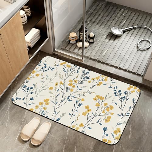 Blue Leaves Bath Mat,Yellow Berries Diatomaceous Earth Bath Mat,Rubber Backing Quick Dry Absorbent Washable Bathroom Rugs for Tub Non Slip 17"x29.5" - color: Blue Leaves,yellow Berries