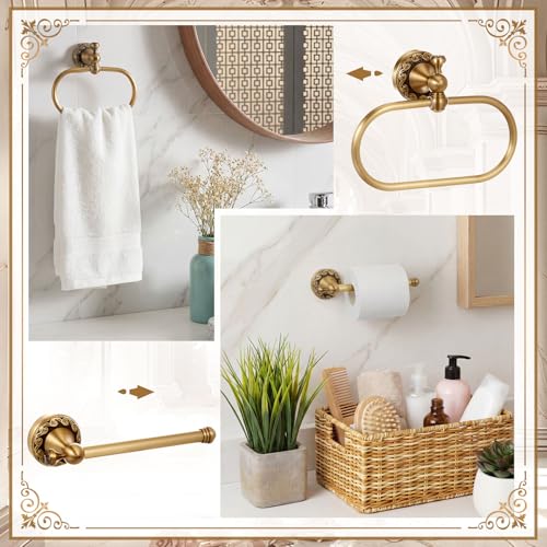 2 Pcs Antique Brass Toilet Paper Holder Towel Ring Set, Vintage Bathroom Hardware, Wall Mounted Toilet Tissue Holder Hand Towel Ring, Rustproof Brass Bathroom Accessories(Rectangle) - style: Rectangle