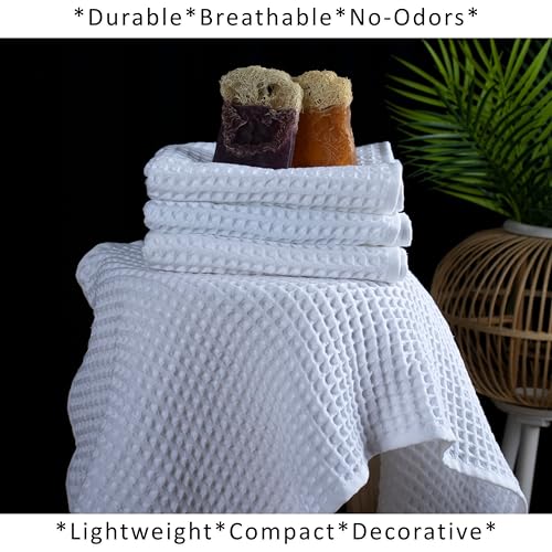 PÜSKÜL Natural 100% Turkish Cotton Waffle Kitchen and Hand Towels, 3-Piece | White, 32x16" Large, Premium 3D Honeycomb Weave Soft Absorbent Quick-Dry Lint-Free Dish Towel, Oeko-Tex Made in Turkey - color: White, size: Kitchen & Hand Towels Pack of 3