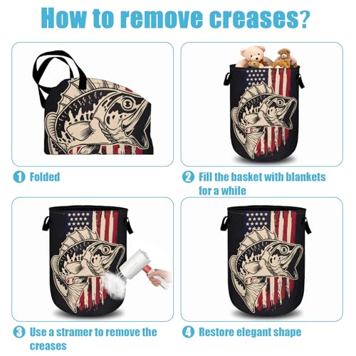 American Flag Bass Fish Laundry Basket, Laundry Hamper Collapsible Oxford Cloth with Handle Clothes Storage Bin for Bathroom Laundry Room Bedroom 15.7 X 20 Inch - color: American Flag Bass Fish