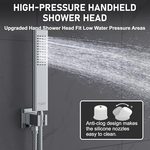 Iriber 12 Inch Bathroom Shower System Polish Chrome Wall Mounted Square Mixer Shower Faucet Combo Set with Hand Held Rough-in Valve Rainfall Shower and Trim - color: Chrome 05