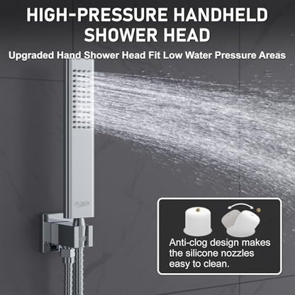 Iriber 12 Inch Bathroom Shower System Polish Chrome Wall Mounted Square Mixer Shower Faucet Combo Set with Hand Held Rough-in Valve Rainfall Shower and Trim - color: Chrome 05