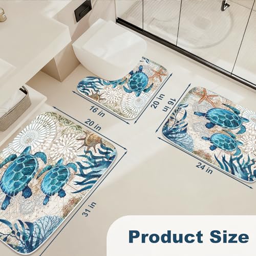 Nautical Sea Turtles Blue Ocean Beach Bathroom Rugs and Mats Sets 3 Piece, Memory Foam Bath Mat, U-Shaped Contour Shower Mat Non Slip Absorbent, Velvet Washable 20 x 31 inch - color: Color1