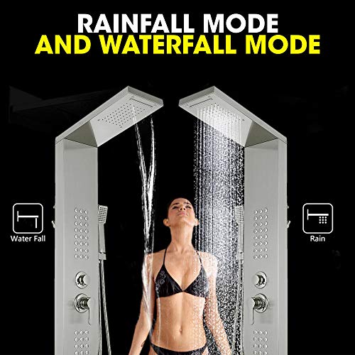 Rainfall Shower Panel Tower Stainless Steel Multi-Function Shower Panel System with Body Massage Jets Tub Resort