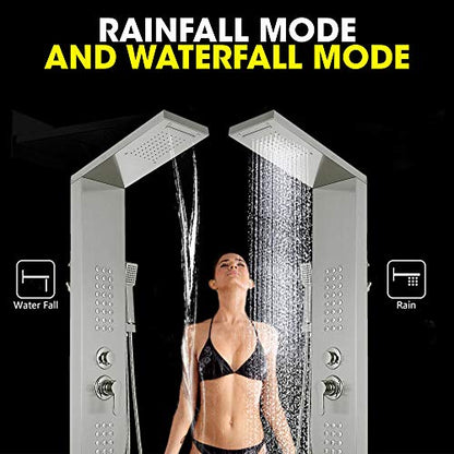 Rainfall Shower Panel Tower Stainless Steel Multi-Function Shower Panel System with Body Massage Jets Tub Resort