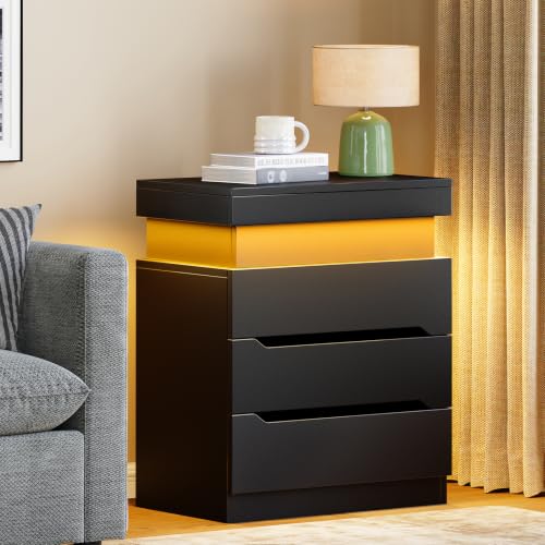 Night Stand with 3 Drawers, Nightstand with App-Controlled Adjustable LED Light, Bedside Table with Slidable Hidden Storage Space, Modern Nightstands for Bedroom,Black - color: Unbzx032hd-zf