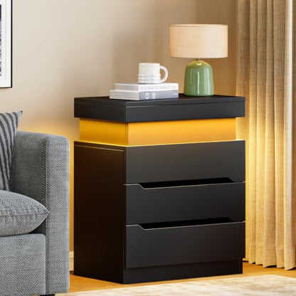 Night Stand with 3 Drawers, Nightstand with App-Controlled Adjustable LED Light, Bedside Table with Slidable Hidden Storage Space, Modern Nightstands for Bedroom,Black - color: Unbzx032hd-zf