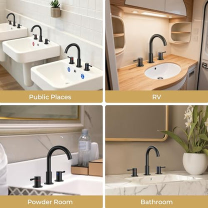 FORIOUS Bathroom Faucet 3 Hole, 360° Swivel 8 Inch Sink Faucet Matte Black | with Pop Up Drain, 2 Handles,for Sink Vanity RV Lavatory Farmhouse, 304 Stainless Steel, Lead-free, Leakproof - color: Matte Black