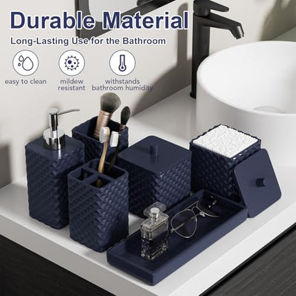 Bathroom Accessories Set Resin 6PCS, Square Toothbrush Holders Set Complete with Soap Dispenser, Vanity Tray, Tumbler, Cups and Cotton Swab Jars (Navy Diamond, Resin Bath 6 PCS) - color: Navy Diamond