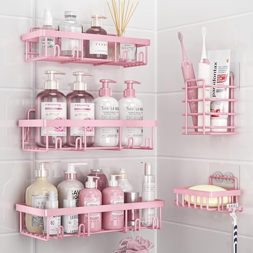 Liuoud 5 Pack Shower Caddy Organizer Rack Shelf for Inside Shower, Adhesive Bathroom Wall Storage Basket Rustproof Stainless Steel Shampoo Holder, Girly Bathroom Accessory Decor Set, Pink - color: Pink, size: Large