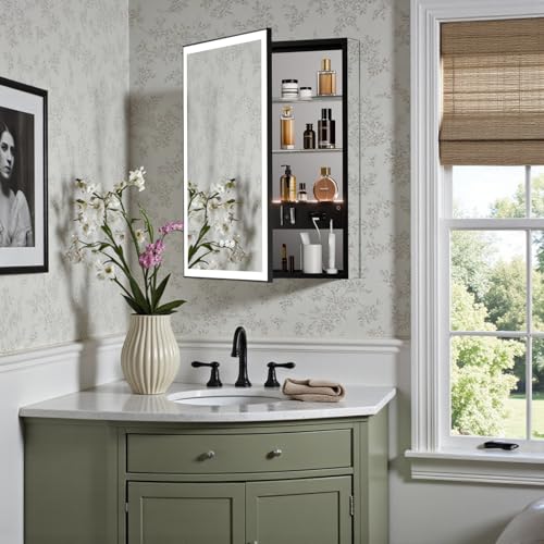 24x32 Medicine Cabinet with Mirror & LED Lights, Black Frame, Anti-Fog, 3-Color Dimmable, Aluminum, Plug-in/Hardwired, Surface or Recessed Mount, USB & Outlets, Magnetic Storage Area - color: Black, size: 24x32(L)