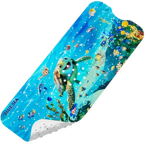 Baby Bath Mat for Tub Non Slip Kids, BPA Free Extra Long Bathtub Mat 40x16 with Drain Holes and 200 Suction Cups, Non Toxic Machine Washable Toddler Bath Mat, No Fading, Sea - color: X-turtle 1