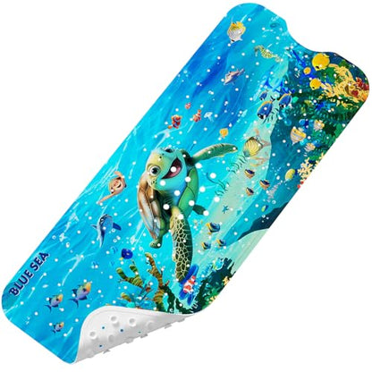 Baby Bath Mat for Tub Non Slip Kids, BPA Free Extra Long Bathtub Mat 40x16 with Drain Holes and 200 Suction Cups, Non Toxic Machine Washable Toddler Bath Mat, No Fading, Sea - color: X-turtle 1