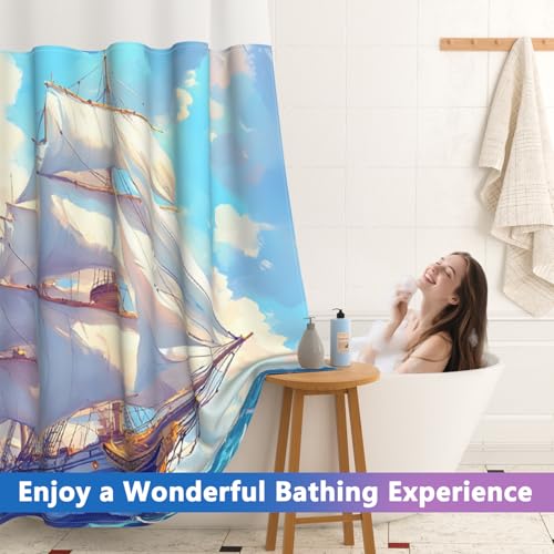 No Hooks Shower Curtain with Snap in Liner and Sheer Top Window, Sailboat Nautical Theme Easy Hang Waterproof Fabric Shower Curtain, 71x74in No Hook Double-layer Shower Curtain Set with Weighted Hem - color: Sailing Boat
