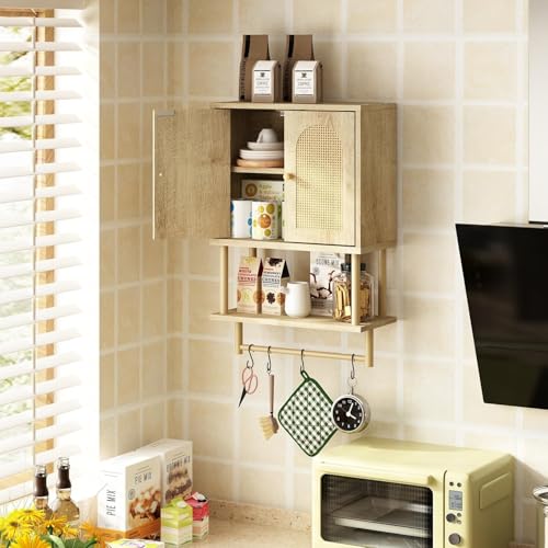RUSTOWN Rattan Bathroom Wall Cabinet, Modern Boho Medicine Cabinets, Small | 2 Arched Rattan Doors, Adjustable Shelf, Towel Bar Rack, Over The Toilet Storage Cabinet for Bathroom, Living Room, Kitchen - size: Small