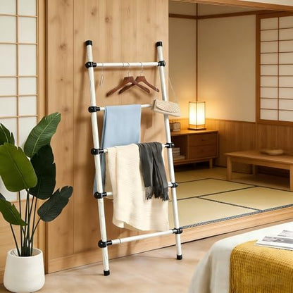 SIBRAD Expandable Blanket Ladder for Living Room, Adjustable Width (17.3"-32.3") Tall Metal Quilt Rack Wall Leaning, Rustic White Wood Grain 5-Tier Blanket Holder, Heavy Duty 45 Lbs Capacity - color: White Grain