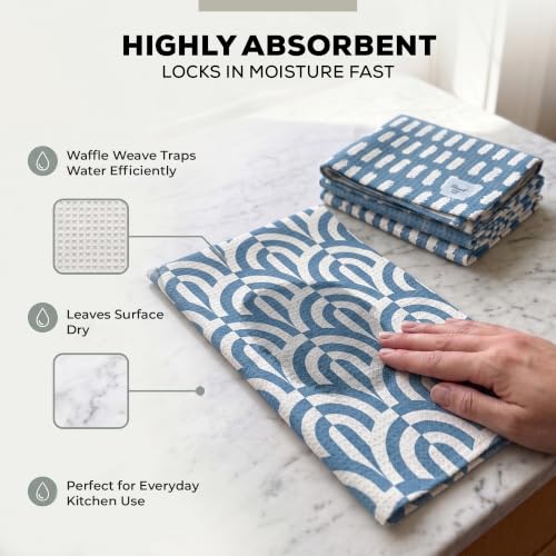 Kitchen Towels, Dish Towels for Kitchen, 2 Pc Kitchen Towel Set | Microfiber Waffle Towels, 16 x 26 inches, with Hanging Loops, Reusable Tea Towels, Cute Kitchen Towels - 2 Pack - color: Blue Geometric
