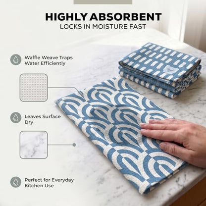 Kitchen Towels, Dish Towels for Kitchen, 2 Pc Kitchen Towel Set | Microfiber Waffle Towels, 16 x 26 inches, with Hanging Loops, Reusable Tea Towels, Cute Kitchen Towels - 2 Pack - color: Blue Geometric