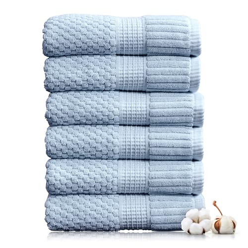 NY Loft 100% Cotton 6-Pack Hand Towel Set | Blue | Oeko-TEX | Quick-Dry | Six 16" x 28" Hand Towels | Super Absorbent | Designer-Styled Texture - color: Chambray Blue, size: Hand Towel (6 Pack)