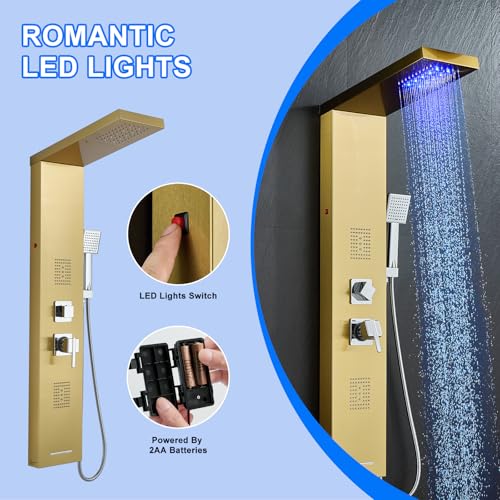 5-in-1 LED Shower Panel Tower System Stainless Steel Gold | Rainfall head | 2 massage jets | Handheld shower | Tub spout | LED lights | Wall mount - color: Gold