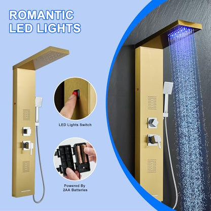 5-in-1 LED Shower Panel Tower System Stainless Steel Gold | Rainfall head | 2 massage jets | Handheld shower | Tub spout | LED lights | Wall mount - color: Gold