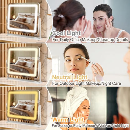 YEKKOPT 16"x20" Desk Makeup Vanity Mirror with Lights - Smart Touch Control, Dimmable Light (3 Modes), for Makeup Desk, Bedroom, Dressing Room - size: 16"L x 20"W