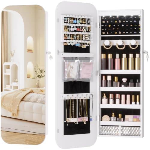 LVSOMT 6 LEDs Mirror Jewelry Cabinet Door Hanging, 42.5", Lockable, White | Jewelry Organizer with Full Length Mirror, Wall Mounted Large Jewelry Storage for Earrings, Rings, Necklaces - color: White-2