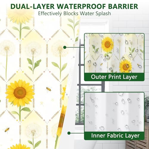 No Hook Shower Curtain with Snap in Liner, Floral Shower Curtain with Sheer Top Window and Weighted Hem, Sunflower and Dandelion Print Farmhouse Shower Curtains for Bathroom, 71" W x 74" L - color: Sunflower and Dandelion