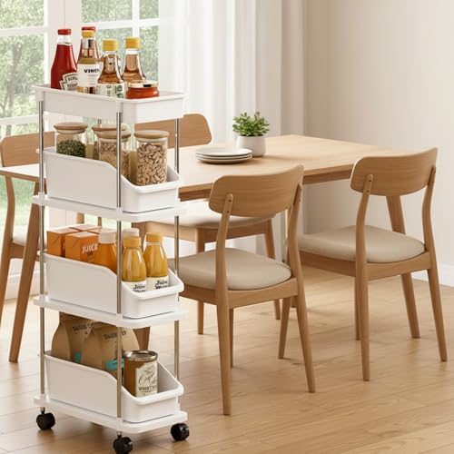 Slim Storage Cart 4 Tier Slim Rolling Utility Cart with Pull-Out Baskets & Wheels for Narrow Space in Kitchen Dining Room Bathroom Laundry Room Cream White (Width 6.3 Inches) - size: 4 Tier