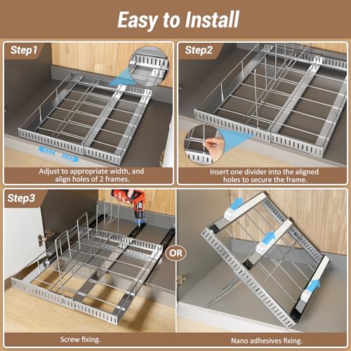 Housolution Pull Out Baking Tray and Cookie Sheet Cutting Board Organizer | 13"-22" Expandable, 21.5" Deep, 8 Adjustable Dividers, Slide Rail Design, Stainless Steel Structure, Adhesive/Screw Fixing - color: Silver, 8 Dividers, size: Large