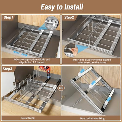 Housolution Pull Out Baking Tray and Cookie Sheet Cutting Board Organizer | 13"-22" Expandable, 21.5" Deep, 8 Adjustable Dividers, Slide Rail Design, Stainless Steel Structure, Adhesive/Screw Fixing - color: Silver, 8 Dividers, size: Large