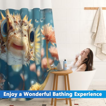 No Hook Shower Curtain and Liner Set, Sea Fish Waterproof Fabric Shower Curtain No Hooks with Snap in Liner, 71x74 Inches Easy Hang Shower Curtains for Bathroom with Mesh Top Window and Weighted Hem - color: Fish