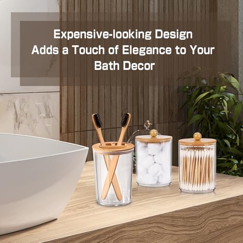 Bamboo Bathroom Accessory Set 5 Pcs, Boho Bathroom Accessories Sets Complete, Clear Bath Soap Dispenser and Toothbrush Holder Set, Soap Dish, Cotton Swab Jar, Boho Organizer - color: Clear