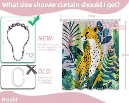 Tropical Leopard Extra Long Shower Curtain, Tall 72x84 in | Tall 84 inch XL, Floor to Ceiling, Pink and Green Natural Leaves Pattern, Waterproof Polyester Fabric, with Metal Hooks - color: Cheetah, size: 70"W x 84"L (Pack of 1)