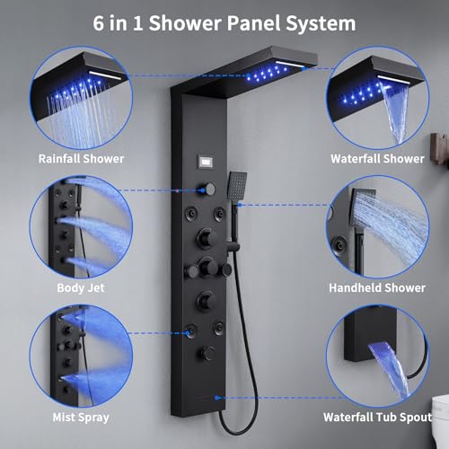 6 In1 LED Shower Panel Tower Rainfall ＆ Waterfall System 8 Body Massage Jet | POPLFY Stainless Steel Wall Mount Shower Column Towers with Temperature Display, Tub Spout, Matt Black - color: 8 Jets-Matt Black