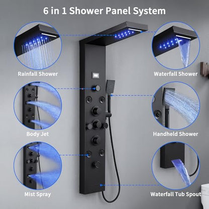 6 In1 LED Shower Panel Tower Rainfall ＆ Waterfall System 8 Body Massage Jet | POPLFY Stainless Steel Wall Mount Shower Column Towers with Temperature Display, Tub Spout, Matt Black - color: 8 Jets-Matt Black