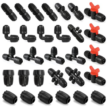 30 Pack 1/2 Inch Drip Irrigation Fittings Kit (1/2" ID x 0.6-0.65" OD), 1/2" Dripline Lock Nut Barbed Connectors - 4 Tees, 4 Couplings, 4 Elbows, 4 Valves, 6 Plugs, 3 Adapters, 5 Reducers - size: 1/2" Nut Fitting Kit-30P
